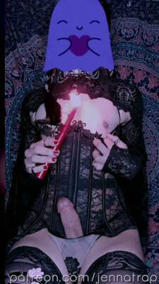 Femboy cums hands free with candle - ashemaletube.com