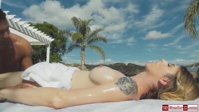 Busty trans Casey Kisses barebacks a masseur outdoors - ashemaletube.com