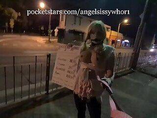 Gagged sissy maid hooker on the streets - ashemaletube.com
