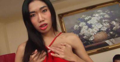 Busty Brunette Ladyboy in Red Dress Gets Fucked while in High Heels - hotmovs.com