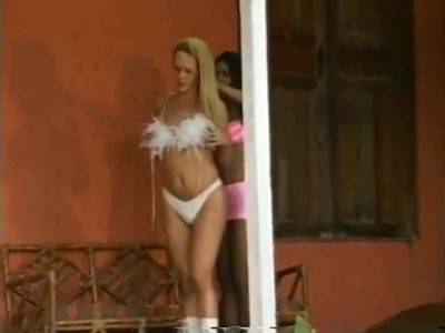 Blonde And Brunette Trannies Fuck A Stud And Each Other Outdoors - hotmovs.com