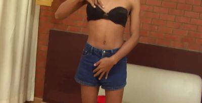 Tanned Ladyboy in Jean Shorts Teases with her Small Tits - hotmovs.com