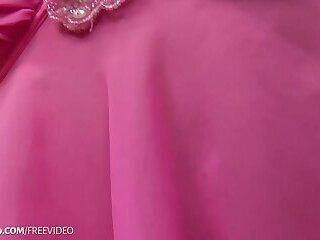 Dark-haired ladyboy in pink nightie shows off her small cock and shaved ass - ashemaletube.com