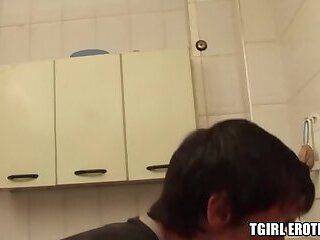 Seductive body shemale pounds her lover in the kitchen - ashemaletube.com